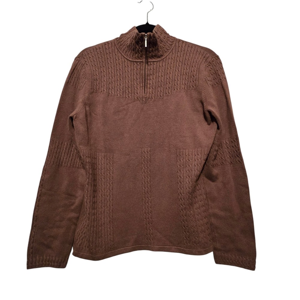 NILS Women Cable Knit Sweater LG 1/4 Zip Mock Neck Light Brown Stretch Apres Ski